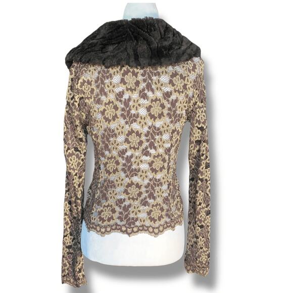 Y2K Ann Ferriday Brown Gold Lace Jacket Faux Fur Collar Victorian Boho Romantic - Picture 3 of 11